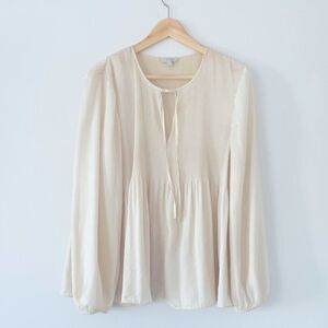 Lucky Brand Cream Baloon Sleeve Blouse sz L Pleated V-Neck Tie Accent Romantic